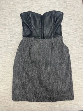 Bebe Strapless Two-Tone Leather & Herringbone Dress with pockets